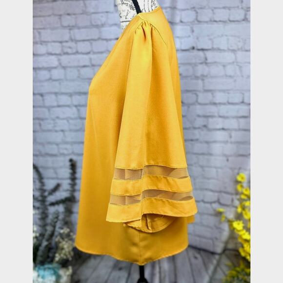 Casual V Neck 3/4 Bell Sleeve Mesh Panel Blouse Golden Glow XL - Picture 7 of 10